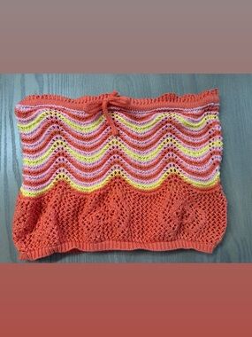 SHEIN Coral Knit Swim Coverup Tube Top with Pink and Yellow Stripes